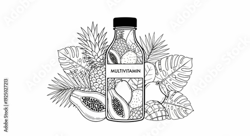 Bottle filled with fruit, surrounded by tropical leaves