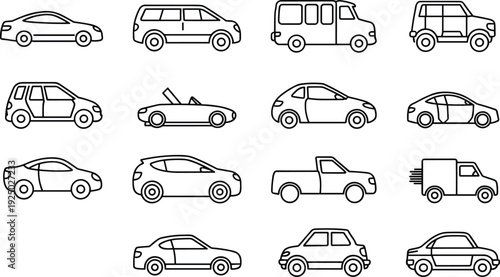 Large collection of vehicle line icons featuring sedans, SUVs, trucks, and delivery vans in side view profile