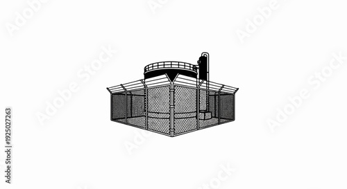 Industrial structure, enclosed by chain-link fencing, featuring a large tank and pipes
