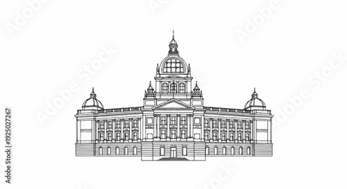 Grand symmetrical building with central dome and classical architectural elements