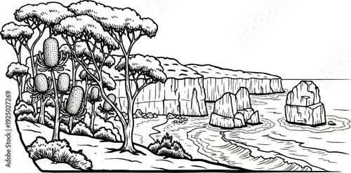 Coastal cliffs with trees, unique flowers, and ocean rocks