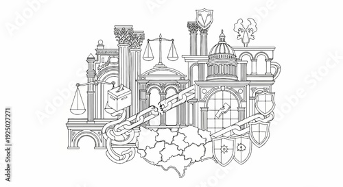 Symbols of justice, government, and fragmented chains over a map
