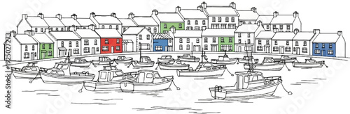 Harbor scene with rowboats and houses