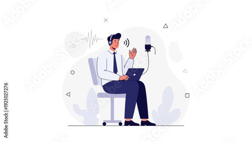 Man Recording Podcast with Laptop and Microphone, Audio Wave Illustration