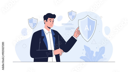 Man Protecting AI with Shield, Cybersecurity, Data Protection, Artificial Intelligence Security