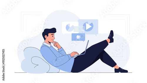 Man relaxing on sofa using laptop, planning and analyzing data, online learning