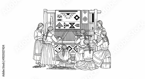 Group of young women working together on a large loom, creating intricate patterns