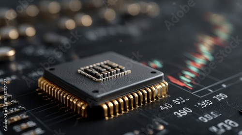 Close-up view of a computer chip on a circuit board with data trends in the background