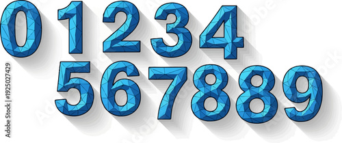 Geometric blue numbers, zero to nine, with polygonal texture and drop shadow