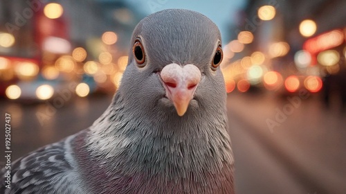 Close view of a pigeon at dusk in a busy city, highlighting details of feathers and expression amidst colorful lights