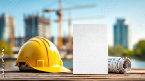 Construction site overview with hard hat and plans on a sunny day in an urban setting