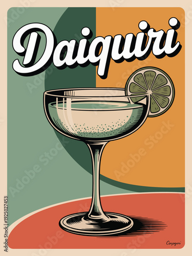 Retro Daiquiri drink poster, mid century modern cocktail illustration wall art