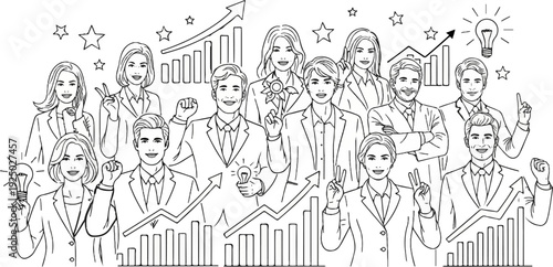 Diverse team celebrates success with graphs, lightbulbs, and victory signs