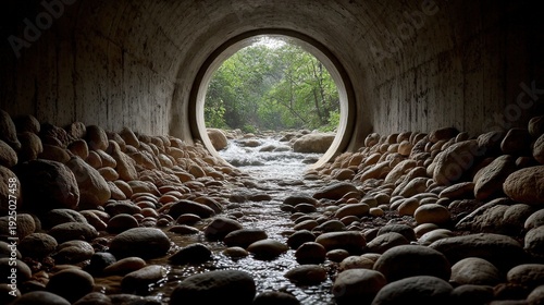 Water flows through a concrete tunnel surrounded by smooth stones and lush greenery on a bright day
