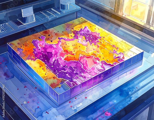 A vibrant abstract painting on a glass surface in a room