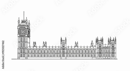 Detailed line drawing of a grand, gothic-style building with a prominent clock tower