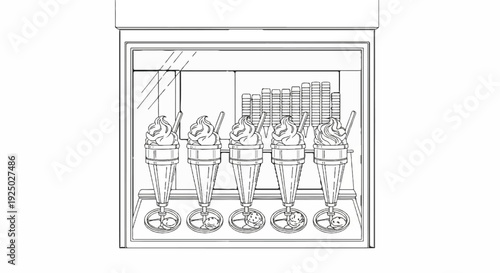 Five creamy swirls top glasses of cold sweet treats in a display