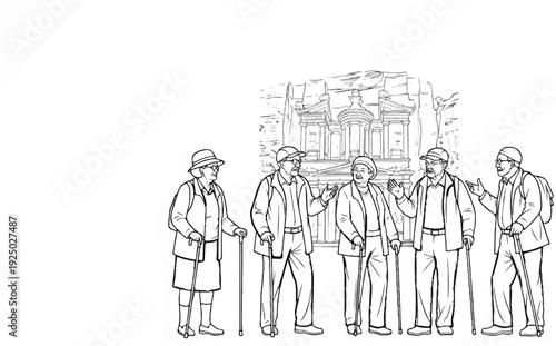 Elderly tourists with walking sticks pose in front of ancient carved architecture