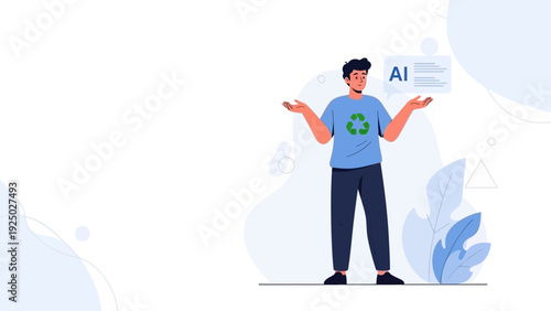 Man Shrugging with AI Text Bubble and Recycling Symbol T-Shirt