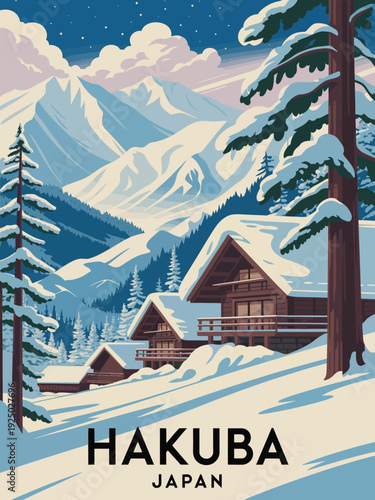 Hakuba Japan poster, vintage winter mountain landscape with deep blues and crisp whites