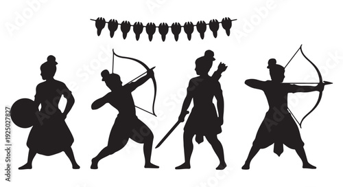 Warrior Silhouettes with Bows and Arrows on White Background