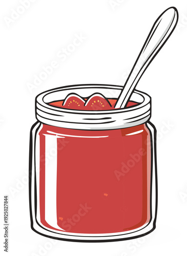 Jar of strawberry preserves with spoon, cartoon illustration.