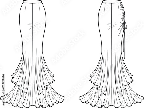 Fashion technical flat drawing of female maxi mermaid skirt featuring ruffled hem and side ruched tie detail front back views.