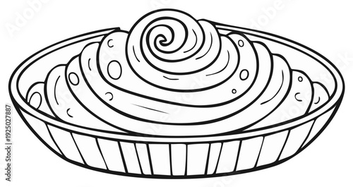 Line drawing of a delicious dessert in a bowl with swirling frosting