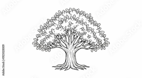 Detailed outline sketch of a large, deciduous oak tree with spreading branches
