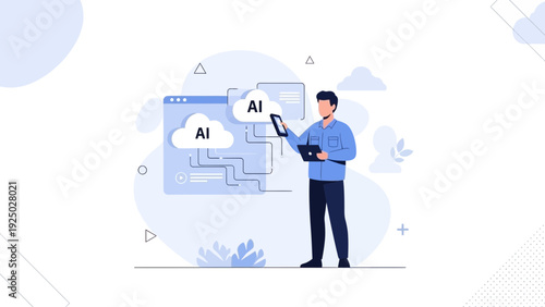 Man using AI cloud technology for data processing and analysis on tablet