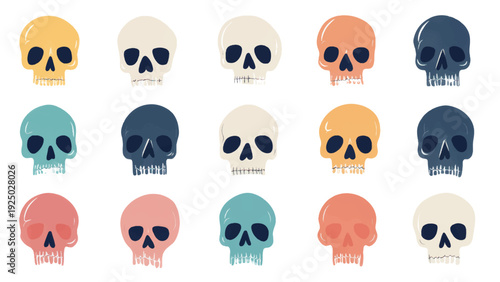 Set of different color pastel skulls and bones. Illustration vector set.