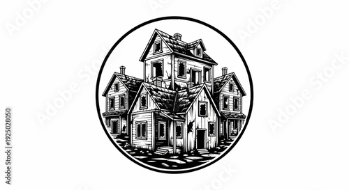 Collection of dilapidated, abandoned houses within a circular border