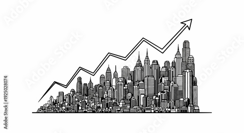 Detailed black and white sketch of a cityscape with an upward trending graph