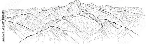 Detailed black and white illustration of rugged mountain ranges stretching into the distance