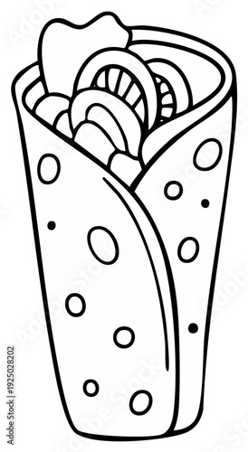 Hand drawn illustration of a delicious wrap sandwich filled with fresh ingredients and wrapped in a patterned tortilla