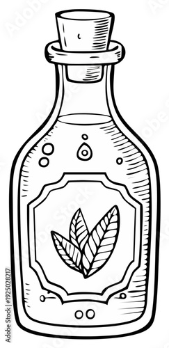 Outline Illustration of Elixir Bottle with Cork Stopper and Leaves Label, Herbal Remedy, Herbalism Potion, Medicine Bottle