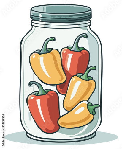 Pickled Peppers in Glass Jar Food Illustration Cartoon Style Red Yellow Peppers Pickles Fresh Farm Products Canning Preservation
