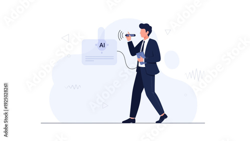 Man using AI voice assistant with digital badge, modern technology concept