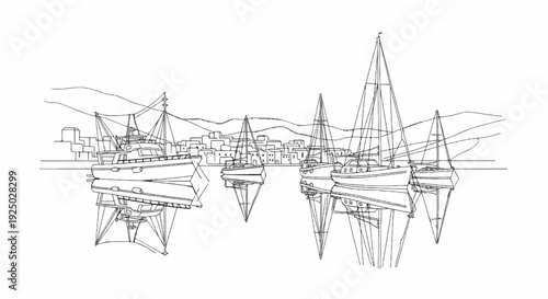 Black and white sketch of sailboats docked in a coastal town harbor