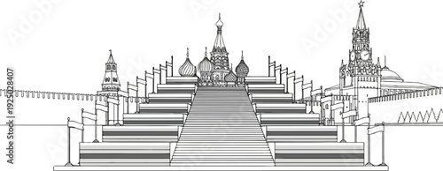 Ornate, stepped staircase leads to iconic domed buildings and tall spires