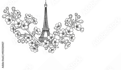 Eiffel Tower artwork framed by delicate blossoms
