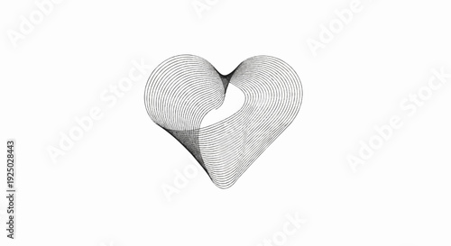 Abstract heart shape formed by numerous swirling, parallel lines on white background