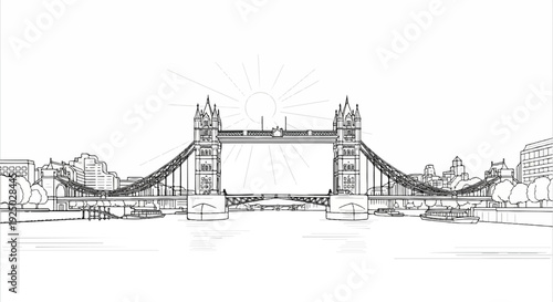 Black and white line drawing of a famous bridge spanning a river with buildings