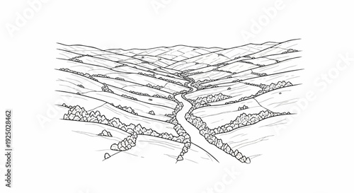 Rolling hills divided by a winding river and bordered by lush vegetation