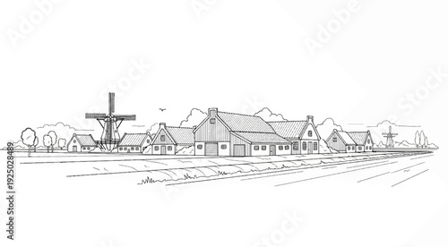 Rustic village with windmills and farmhouses under a cloudy sky