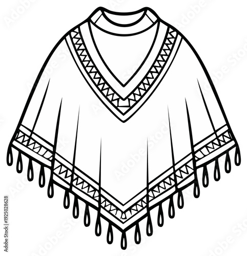 Traditional South American poncho clothing design outline with geometric patterns and fringe