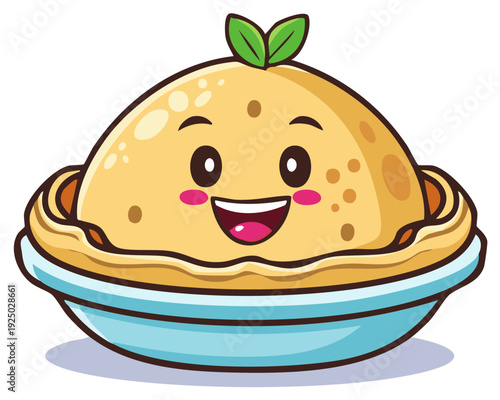 Cartoon smiling pie with leaves on top in a blue serving dish, food illustration