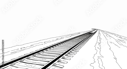 Black and white line drawing of railroad tracks curving into the distance