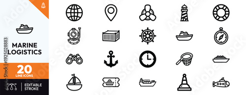Marine Logistics Icons Set for Navigation and Transport