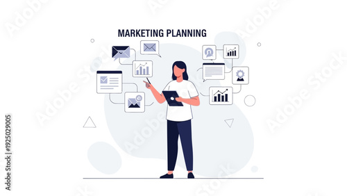Marketing Planning Concept: Woman Analyzing Strategy with Icons and Charts